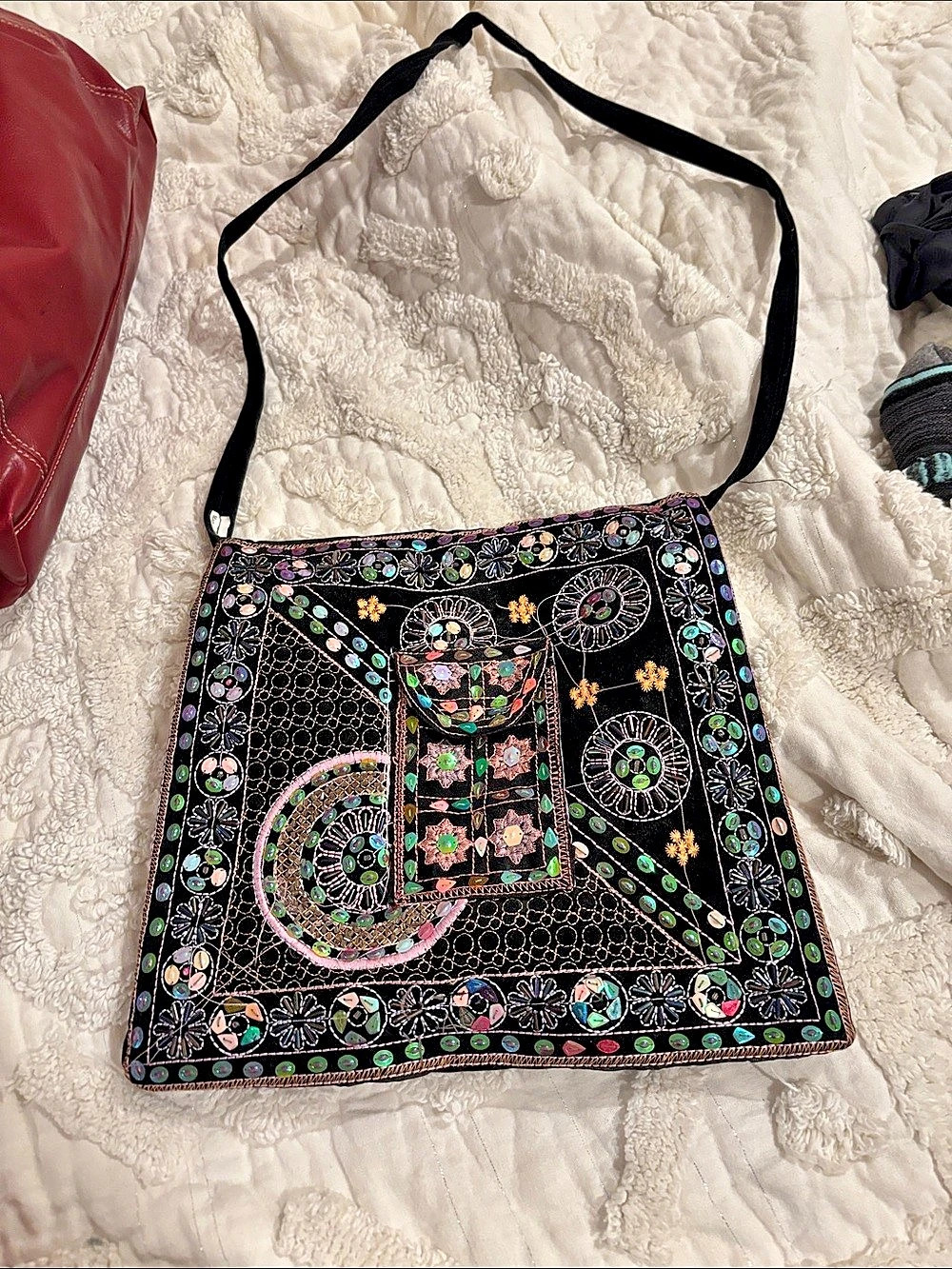 Embroidered Geometric Shoulder Bag in Black & Multicolor